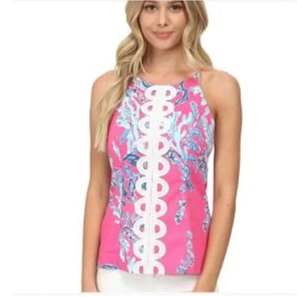 Lilly Pulitzer Pink Blue Floral Halter Top Size 4 Sleeveless Summer - Picture 2 of 11